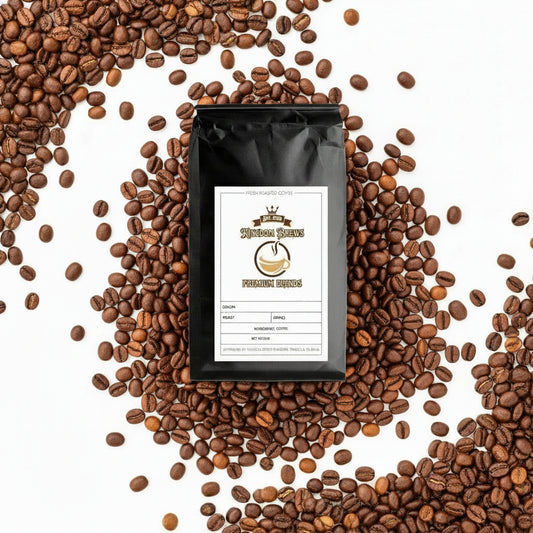 A sealed bag of coffee containing 6 Bean Blend sold on KingdomBrews.com