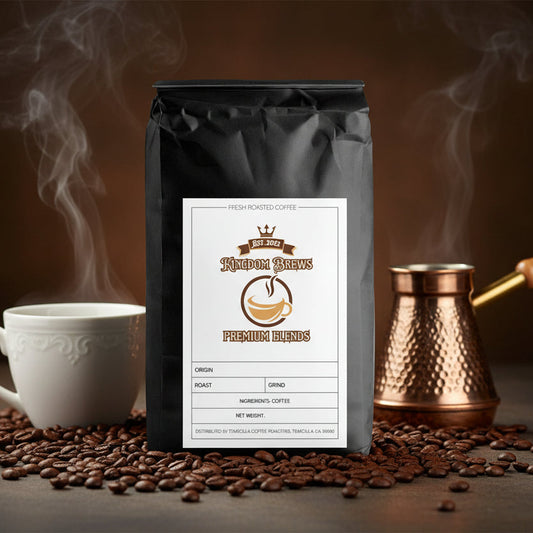 Black coffee bag with a label on a white background