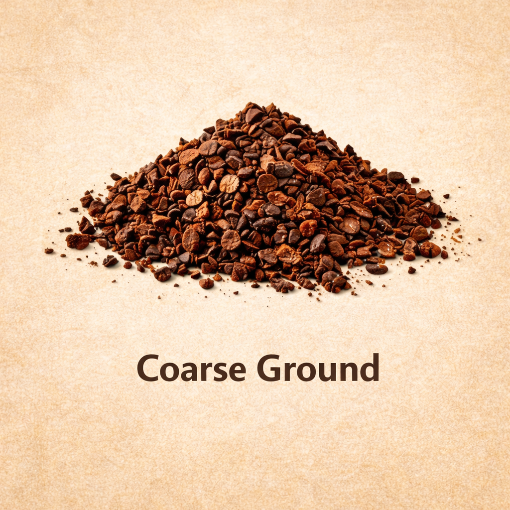 Coarse ground coffee on a beige background with 'Coarse Ground' text.