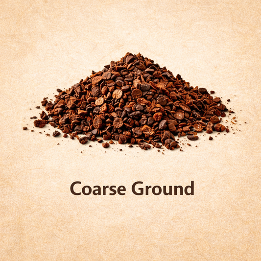 Coarse ground coffee on a beige background with 'Coarse Ground' text.