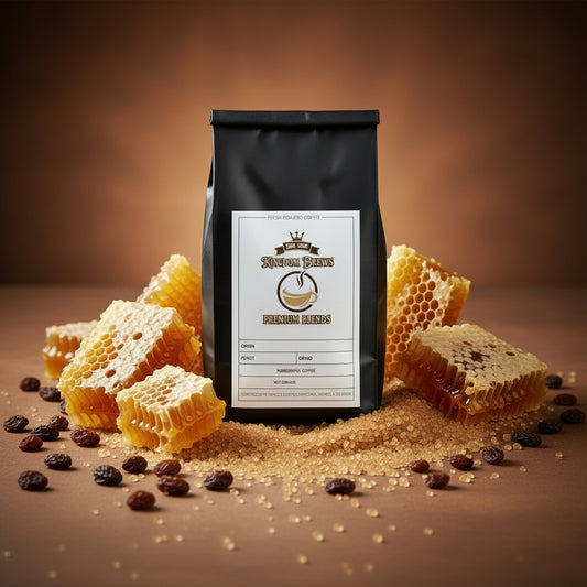 Black coffee bag with a label on a white background. Costa Rican coffee sold on Kingdombrews.com