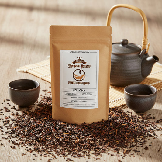 Kingdom Brews Hojicha tea package on a white background