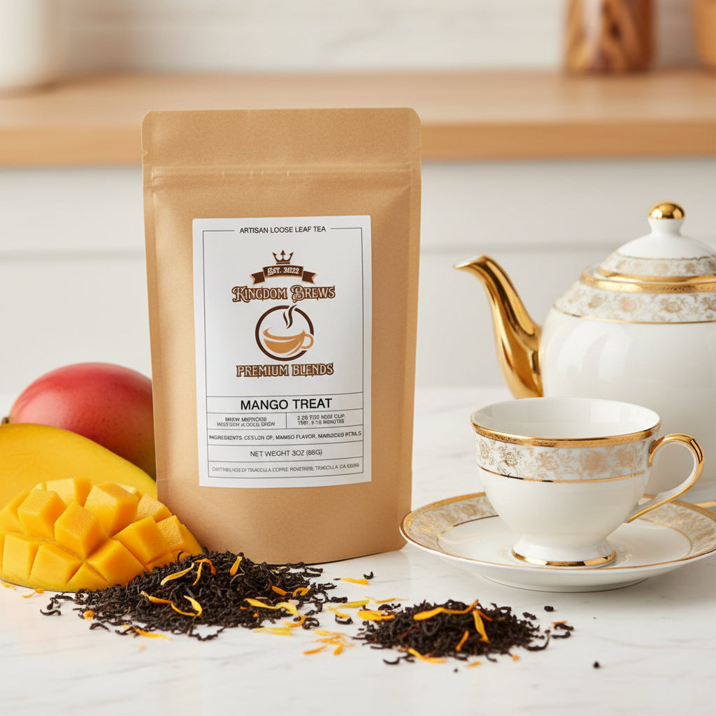 Kingdom Brews Mango Treat tea package on a white background