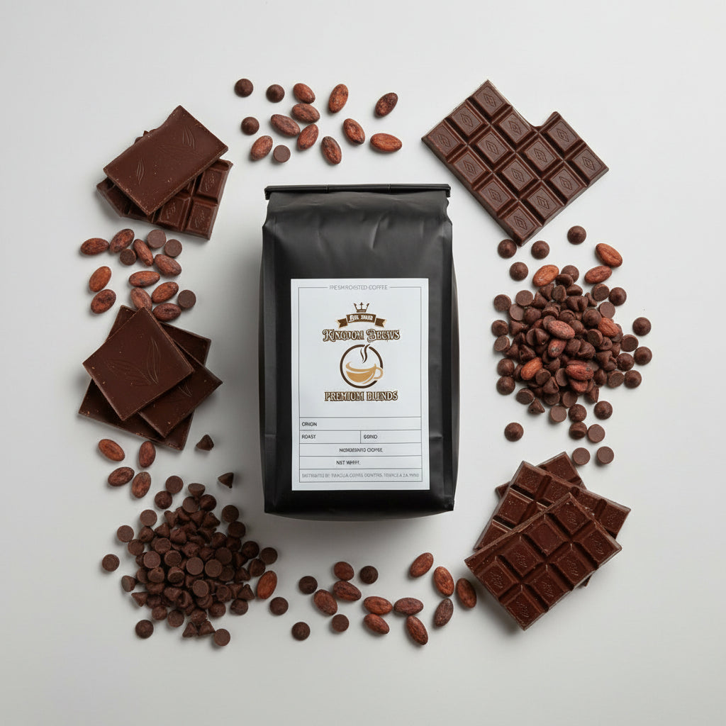 Black coffee bag with a label on a white background.