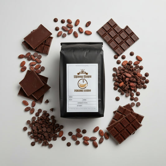 Black coffee bag with a label on a white background.