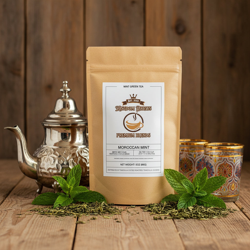 Kingdom Brews Moroccan Mint green tea package on a white background