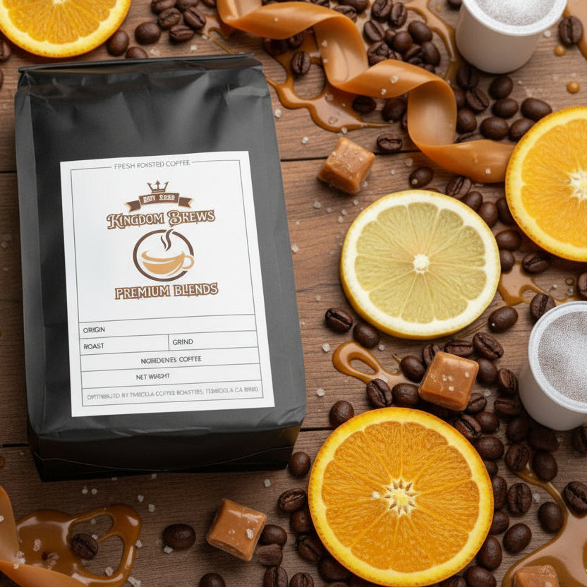 Black coffee bag with a label background of a table with citrus slices salted caramel and coffee beans.