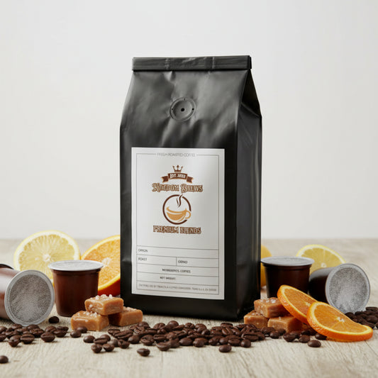 Black coffee bag with a label background of a table with citrus slices salted caramel and coffee beans.