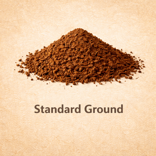 Pile of standard ground coffee on a beige background with 'Standard Ground' text.