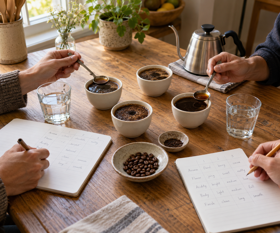 At home coffee cupping session with coffee cups on the table and note pads or taste testing.