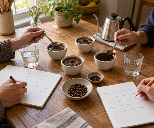 At home coffee cupping session with coffee cups on the table and note pads or taste testing.