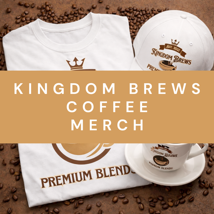 Kingdom Brews tee shirt, baseball cap, and coffee cup with logos.