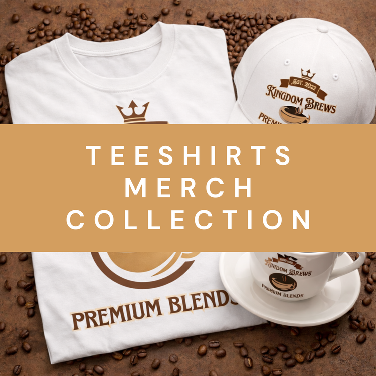 Kingdom brews tee shirt with coffee beans spread around it.