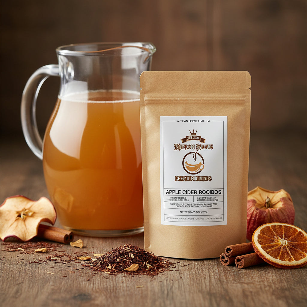 Kraft paper tea bag with a label for Kingdom Brews Apple Cider Rooibos on a white background