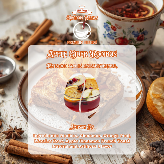 Tea packaging with apple cider rooibos flavor on a wooden background with tea and spices.