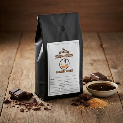 Black coffee bag with a label on a white background