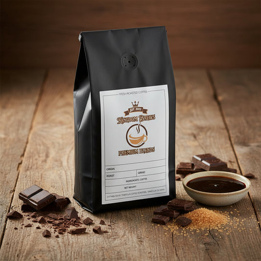 Black coffee bag with a label on a white background