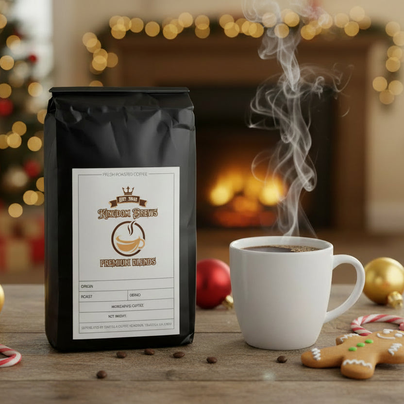 Black coffee bag with a label on a white background