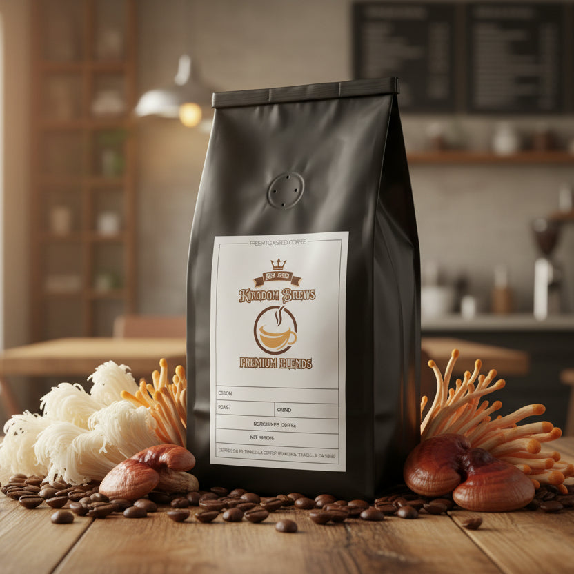 Black coffee bag with a label on a white background