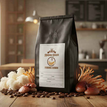 Black coffee bag with a label on a white background