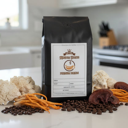 Black coffee bag with a label on a white background