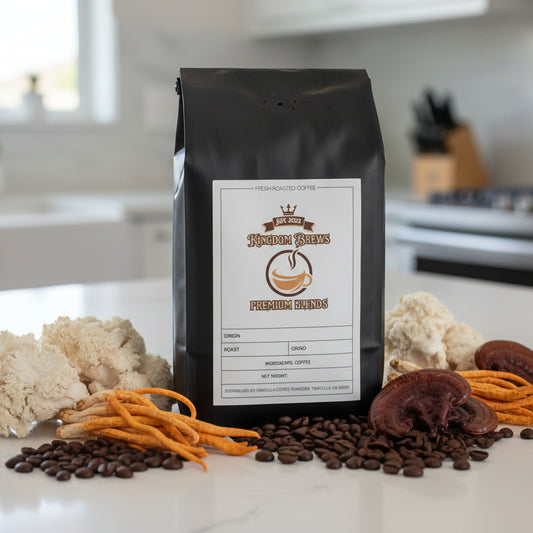 Black coffee bag with a label on a white background