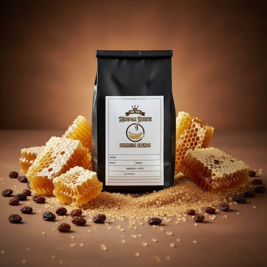 Black coffee bag with a label on a white background.  Costa Rican coffee sold on Kingdombrews.com