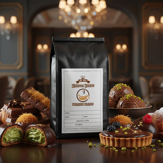 Black coffee bag with a label on a white background