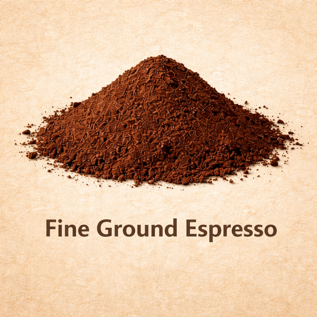 Fine ground espresso on a beige background with 'Fine Ground Espresso' text.