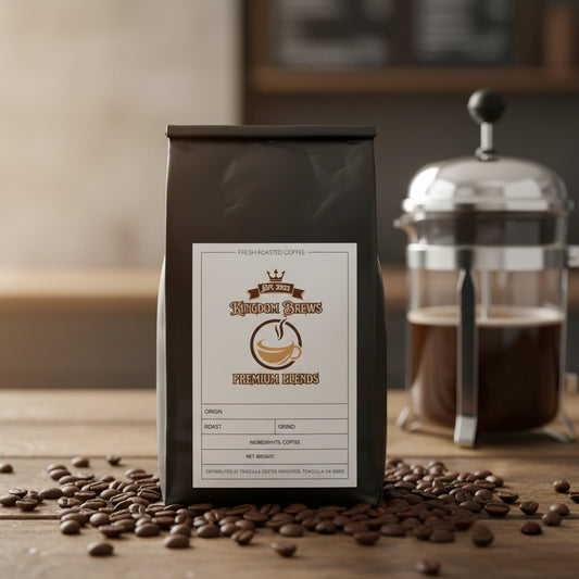 French Roast Black coffee bag with a label on a white background