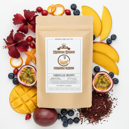 KIngdom Brews hibiscus berry tea package on a white background