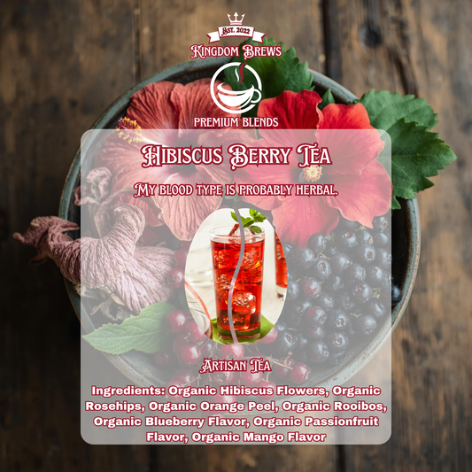 Hibiscus berry tea packaging with flowers and a wooden background