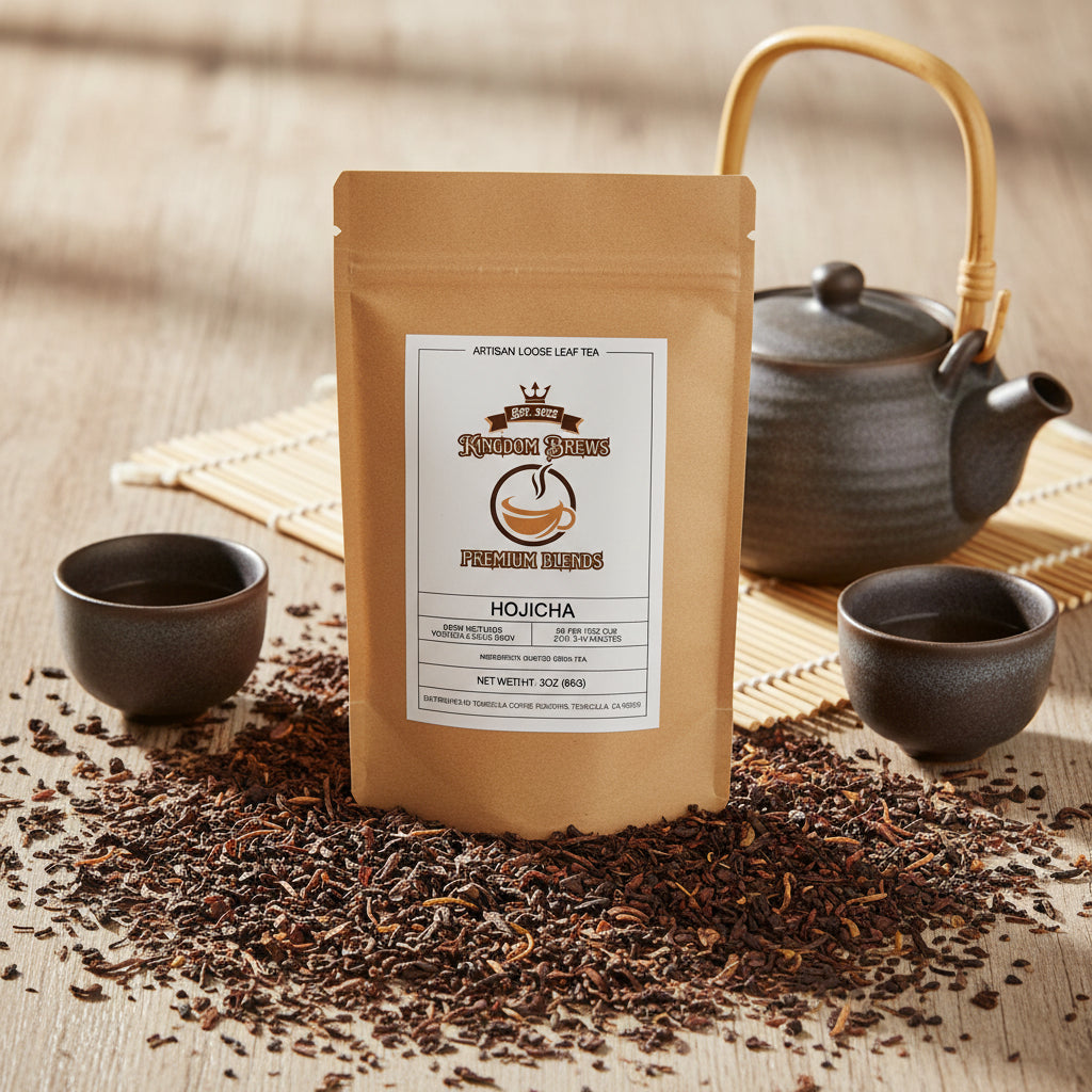 Kingdom Brews Hojicha tea package on a white background