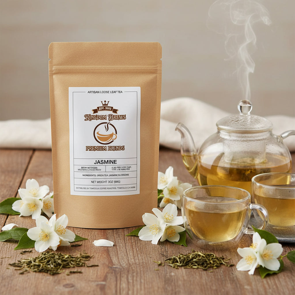 Jasmine Tea package with a brand label on a white background sold on KingdomBrews.com