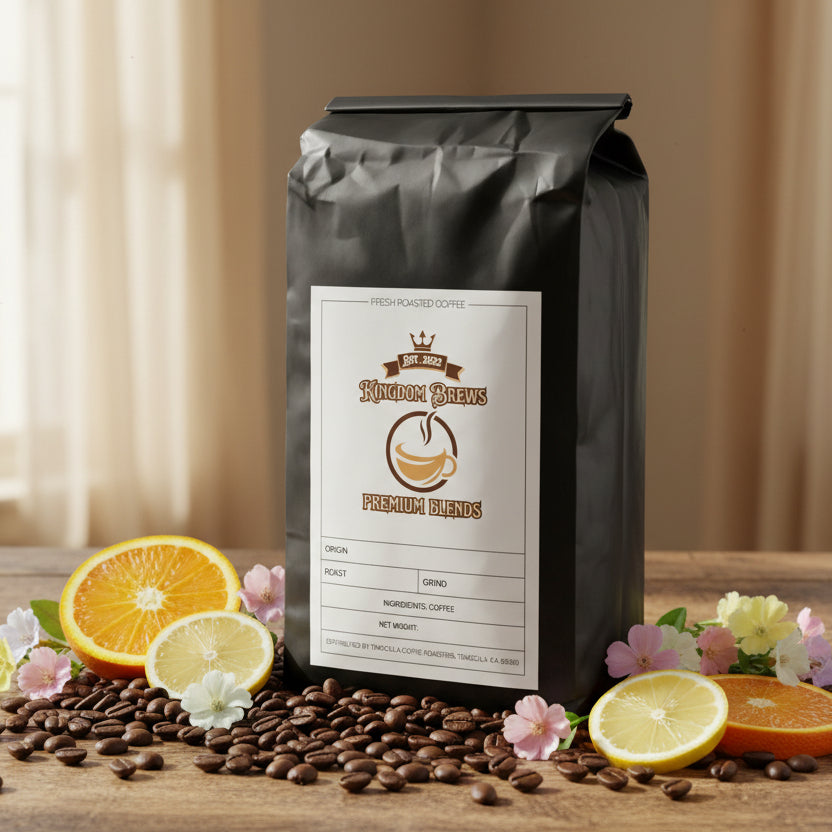 Kenya Single Origin Coffee Black coffee bag with a label on a white background