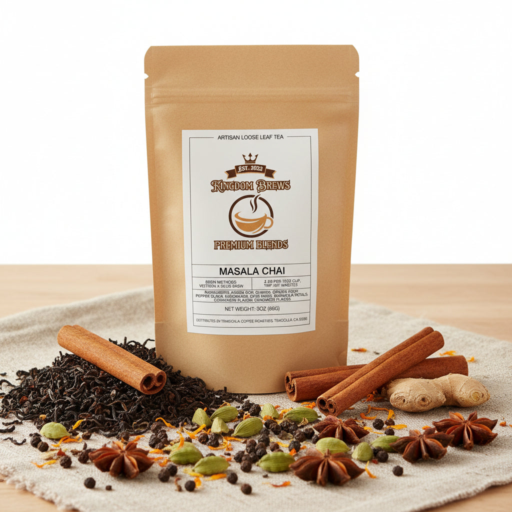 Kingdom Brews Masala Chai tea package on a white background