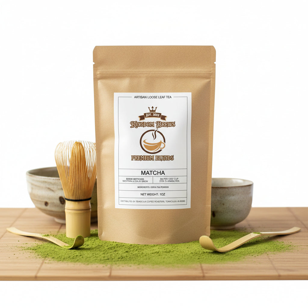 Kingdom Brews matcha tea package on a white background