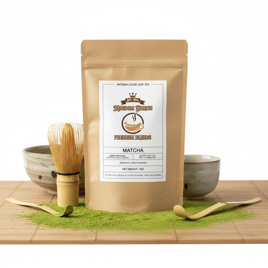 Kingdom Brews matcha tea package on a white background