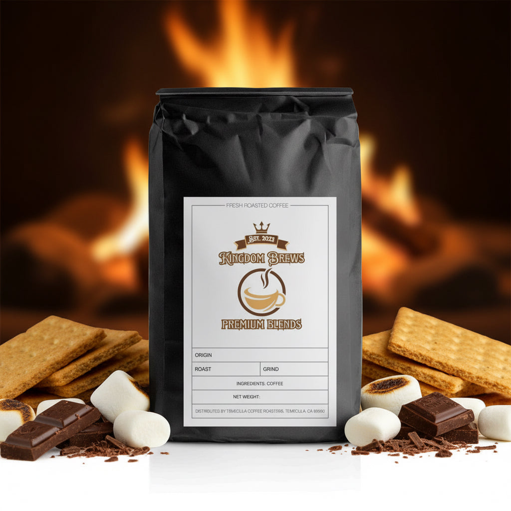 S'mores flavored Black coffee bag with a label on a white background