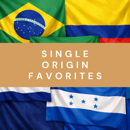 Flags of Brazil and Honduras with a brown banner displaying 'SINGLE ORIGIN FAVORITES'.