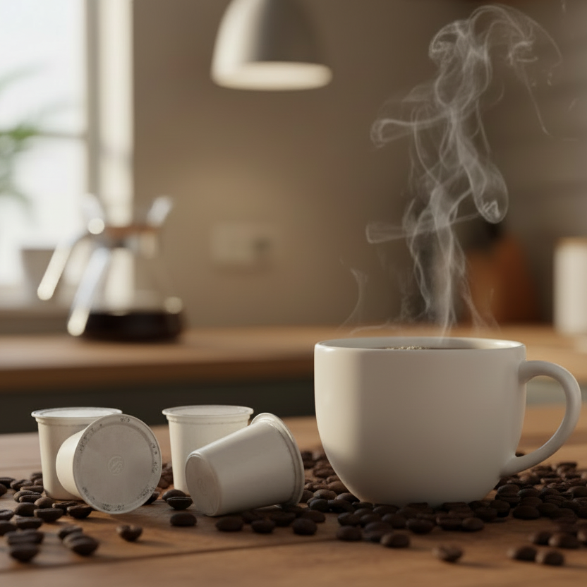 Single use coffee pods k-cups including coffee beans on the table and a coffee carafe in the background.