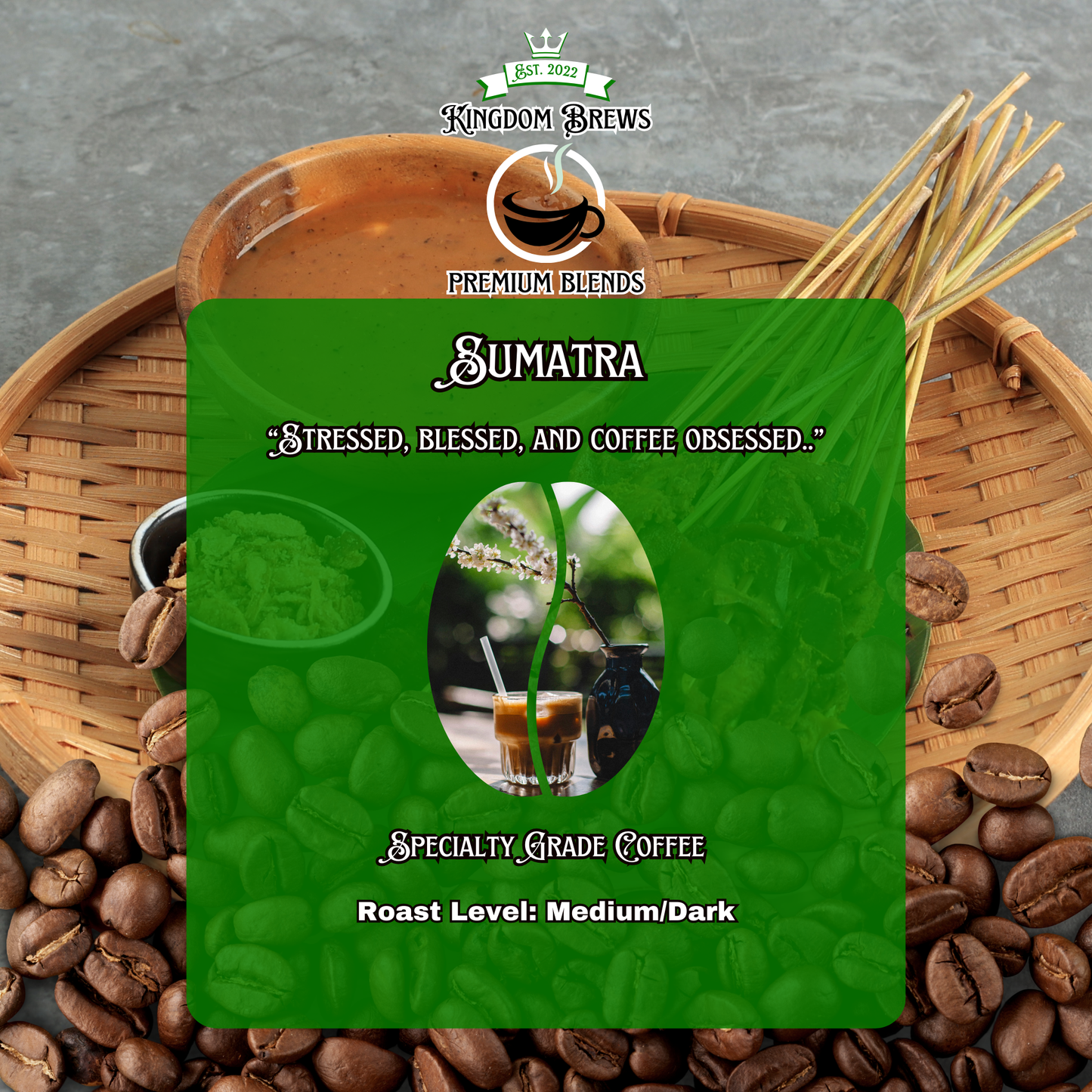 Sumatra coffee package with coffee beans and a basket on a gray background