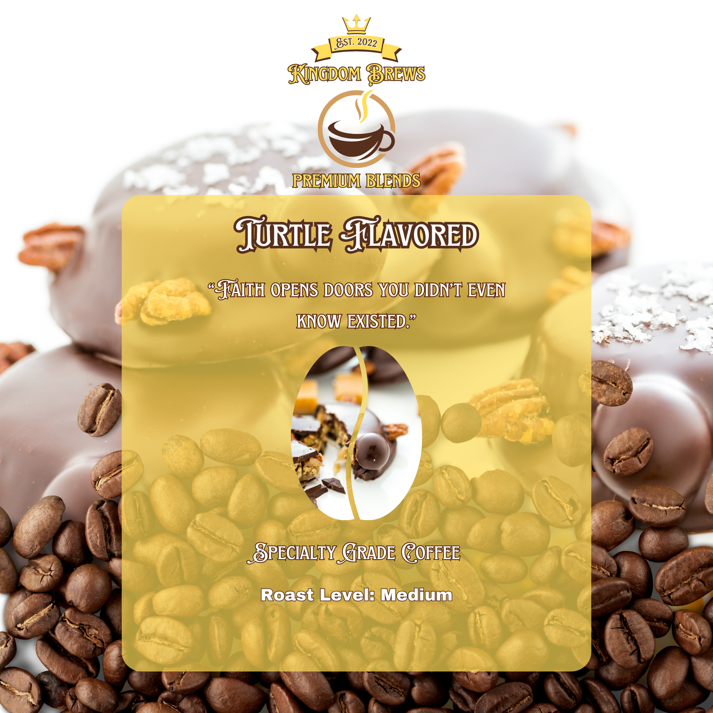 Turtle-flavored coffee package with coffee beans and a bear figurine in the background