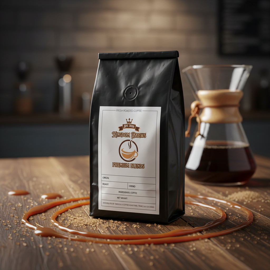 Uganda Single Origin Black coffee bag with a label on a wooden surface, with a blurred background of a kitchen.
