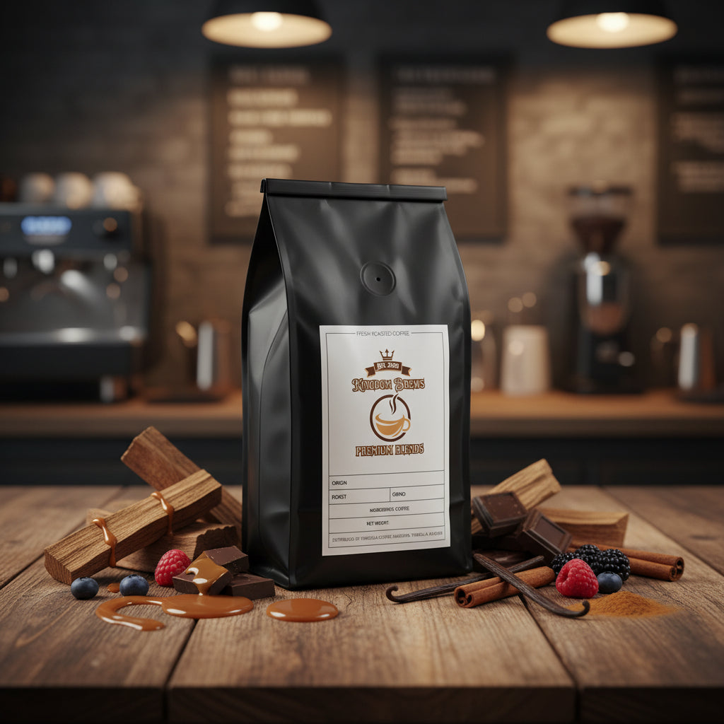 Whiskey Barrel Aged Guatemala Single Origin coffee Black coffee bag with a label on a white background