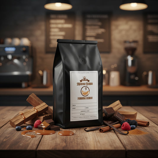 Whiskey Barrel Aged Guatemala Single Origin coffee Black coffee bag with a label on a white background