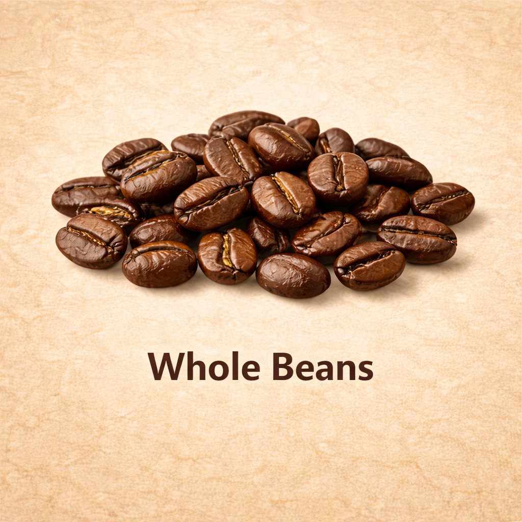 Pile of whole coffee beans on a beige background with 'Whole Beans' text.