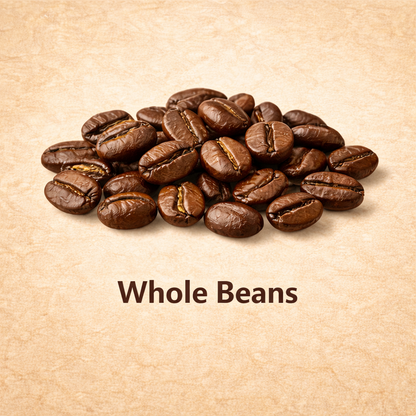Pile of whole coffee beans on a beige background with 'Whole Beans' text.